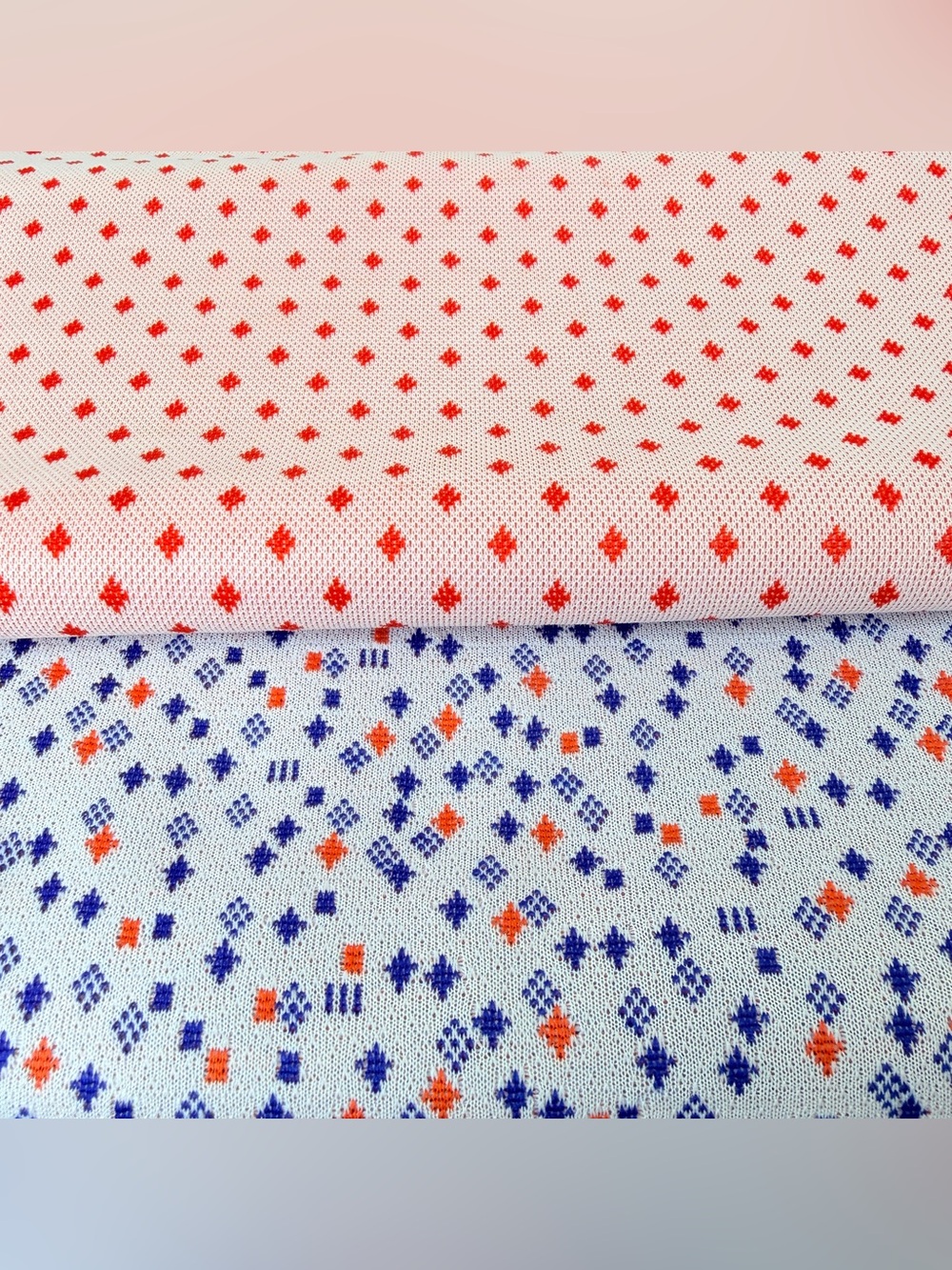 2 Vintage Polyester Woven 50s/60s Fabric Remnants MCM Geometric Red/Orange Blue